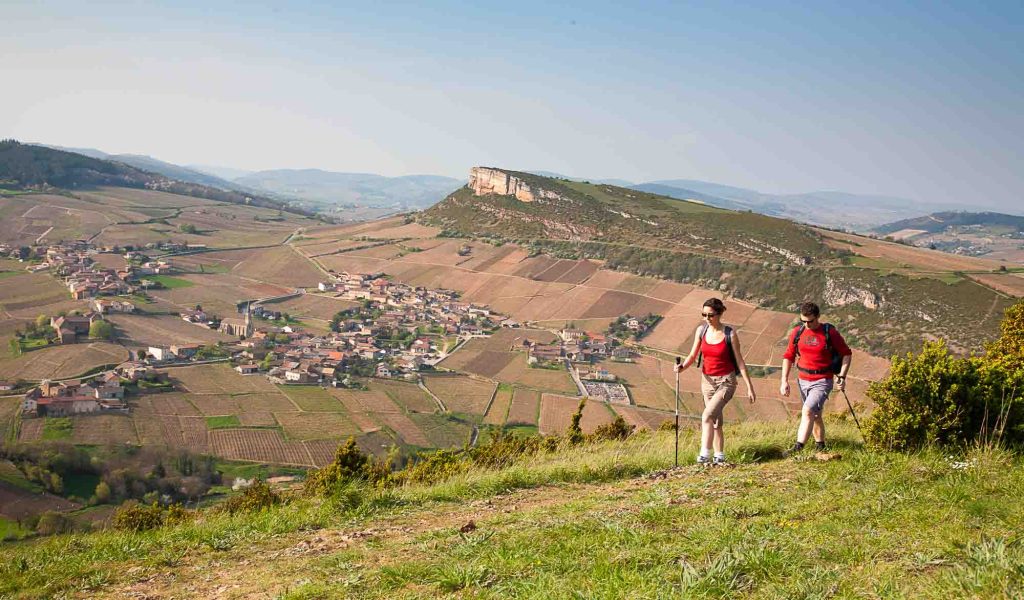 Randonneurs sur les hauteurs face à la Roche de Solutré et au village de Solutré-Pouilly